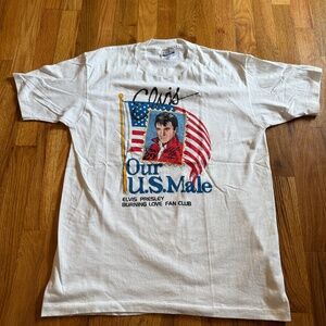 Elvis Presley 1990s White T-shirt Stamp USA Made Fan Club U.S. Male Medium FIT